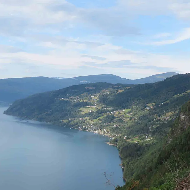 Panoramautsikt over en bred fjord som svinger seg forbi grønne fjellsider under en lys himmel.